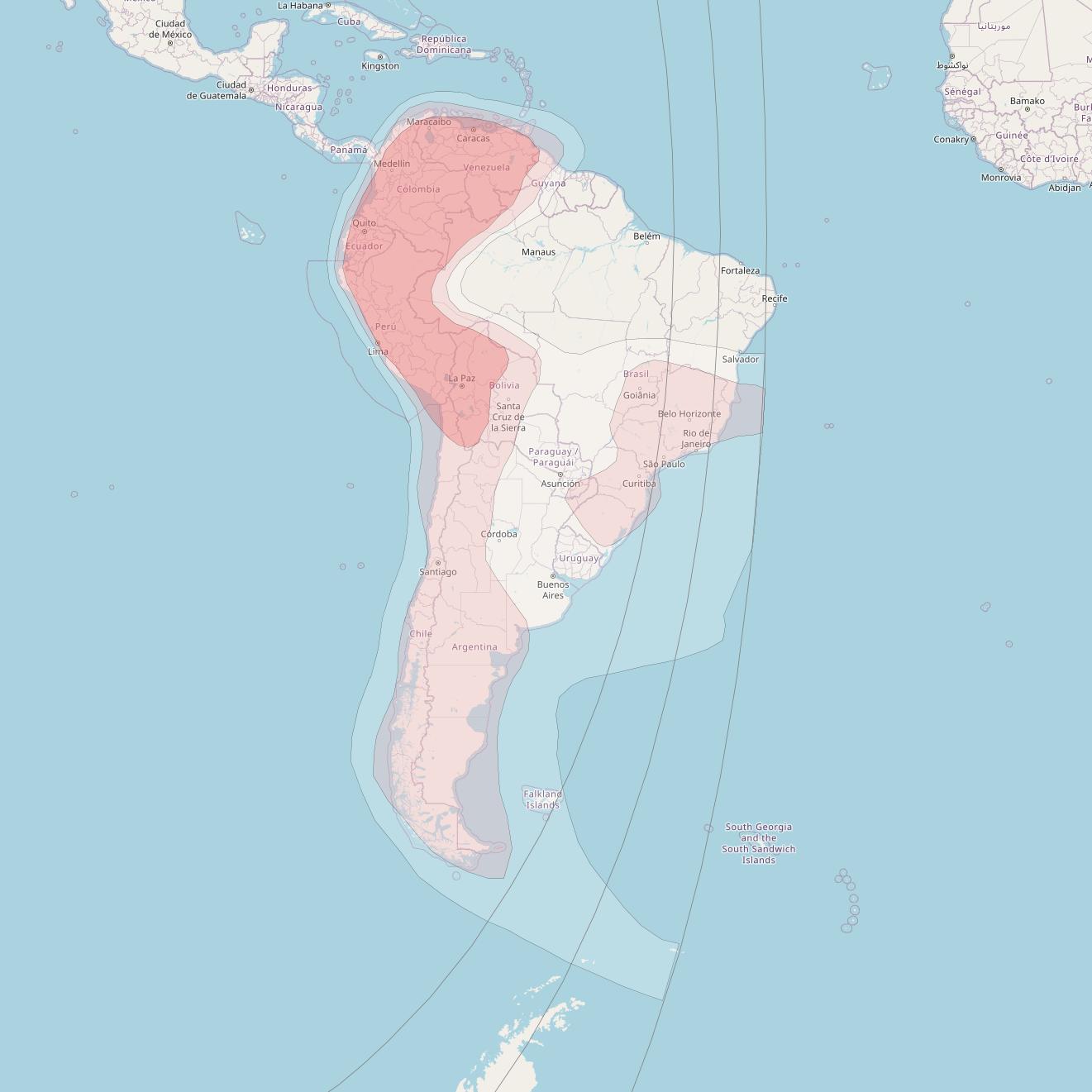 Eutelsat 117 West A at 117° W downlink Ku-band South America beam coverage map