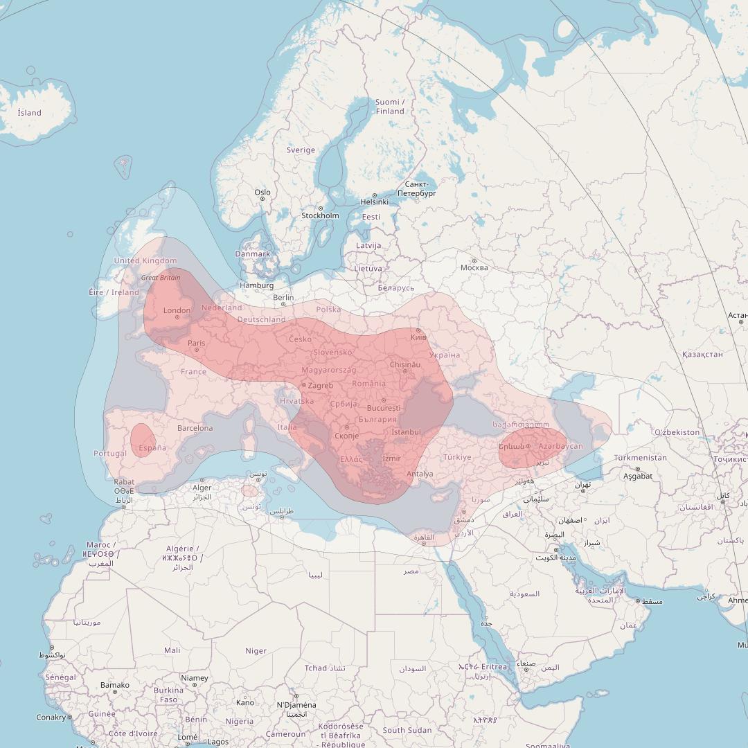 BulgariaSat-1 at 2° E downlink Ku-band Europe beam coverage map