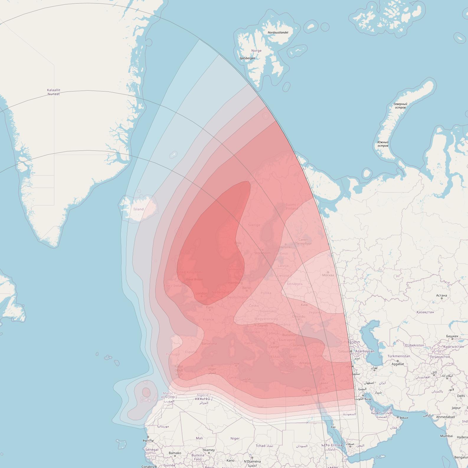 Intelsat 35e at 34° W downlink Ku-band Europe/Mediterranean beam coverage map