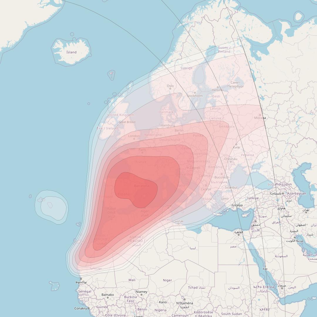 Hispasat 36W-1 at 36° W downlink Ku-band Europe beam coverage map