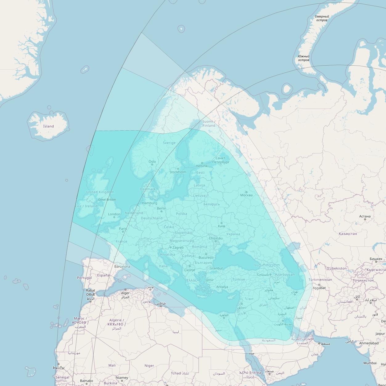 Inmarsat-4F2 at 64° E downlink L-band R016 Regional Spot beam coverage map